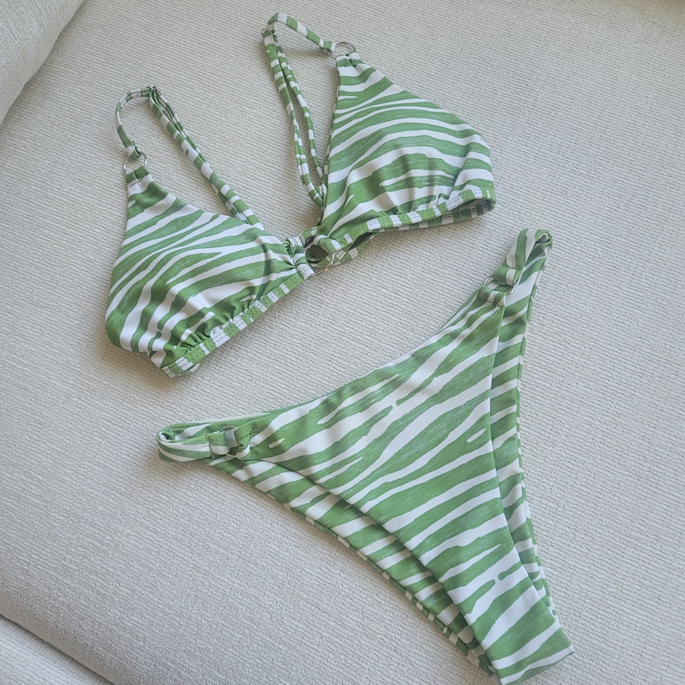 SHEIN Green and White Striped Bikini